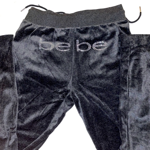bebe Pants - Bebe velour Grey rhinestone logo joggers XS, S